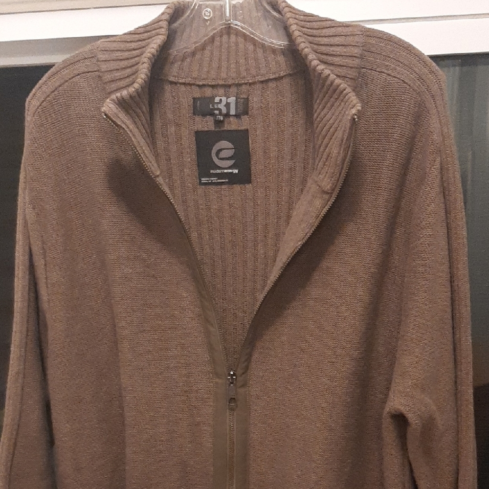 SIMON'S LE31🤎MOSS GREEN/BROWN Zip-Up Sweater 100%COTTON Size XXL